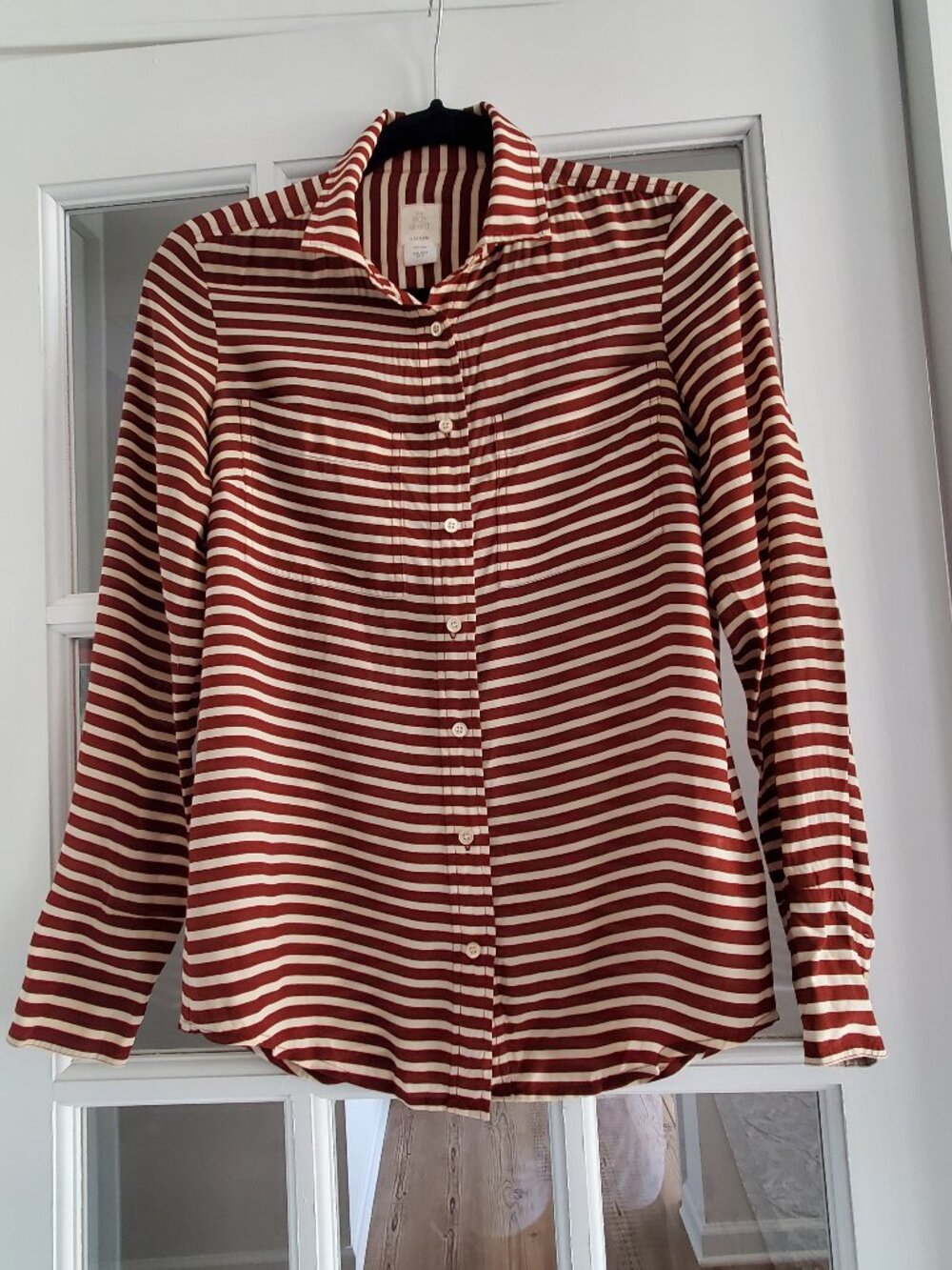 J. Crew "The Boy Shirt" 100% Silk Red Ivory Striped Blouse